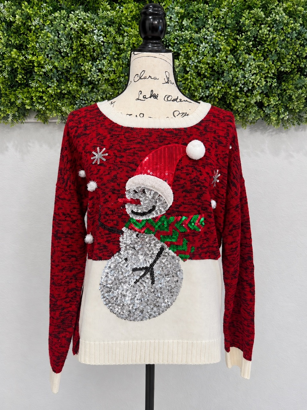 Red Sequin Snowman Christmas Sweater size XL
